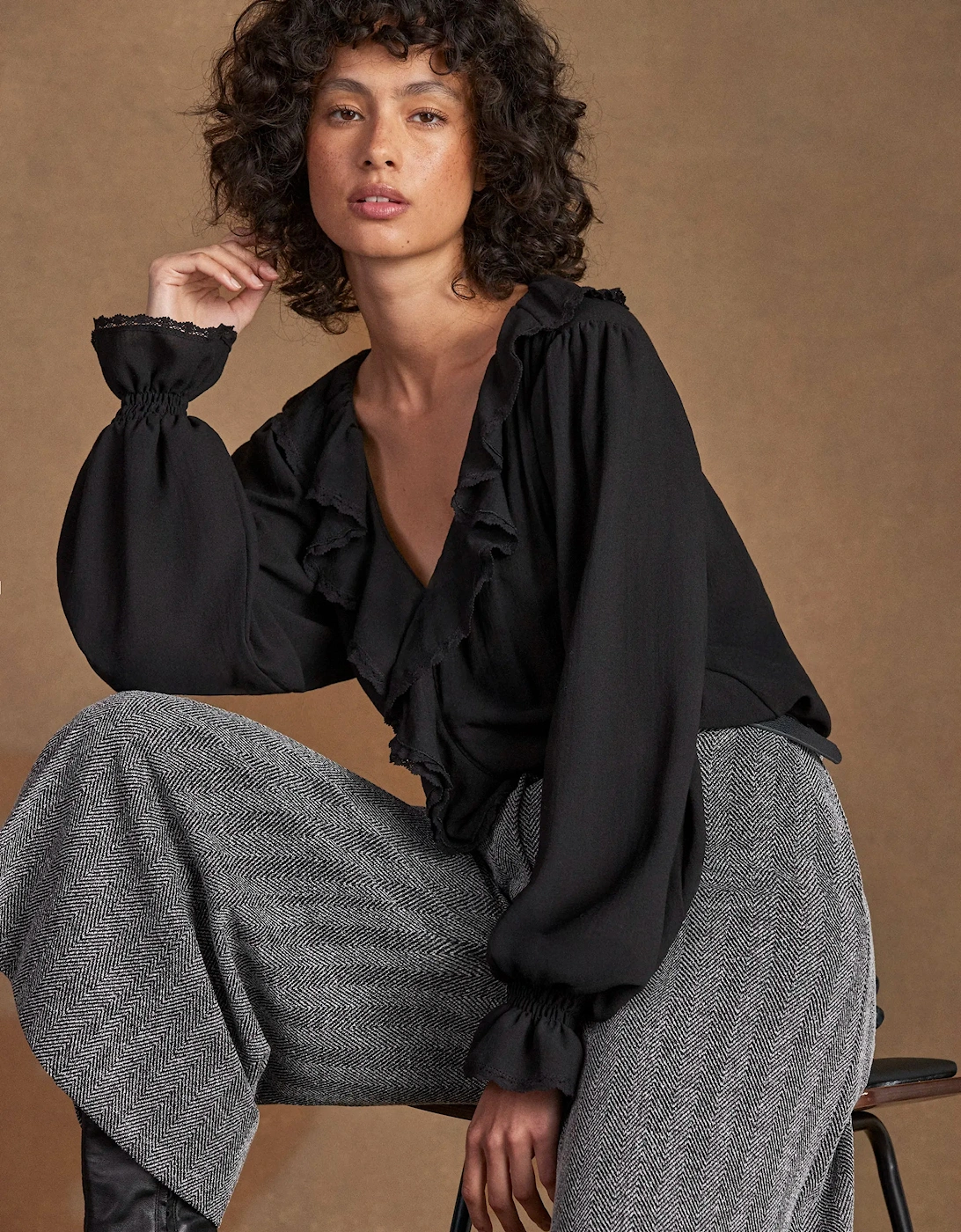 Black Ruffle-Front Blouse