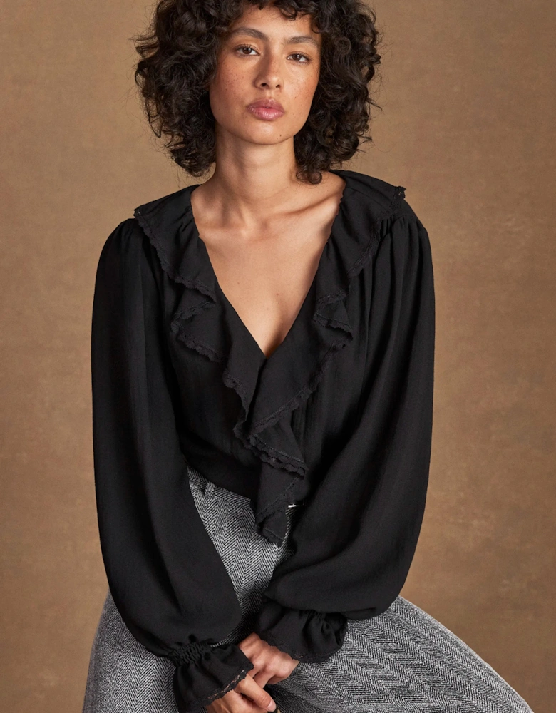 Black Ruffle-Front Blouse