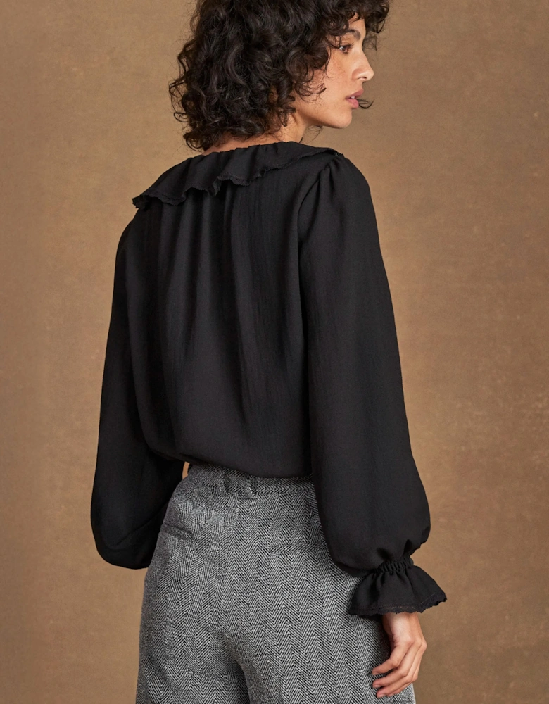 Black Ruffle-Front Blouse