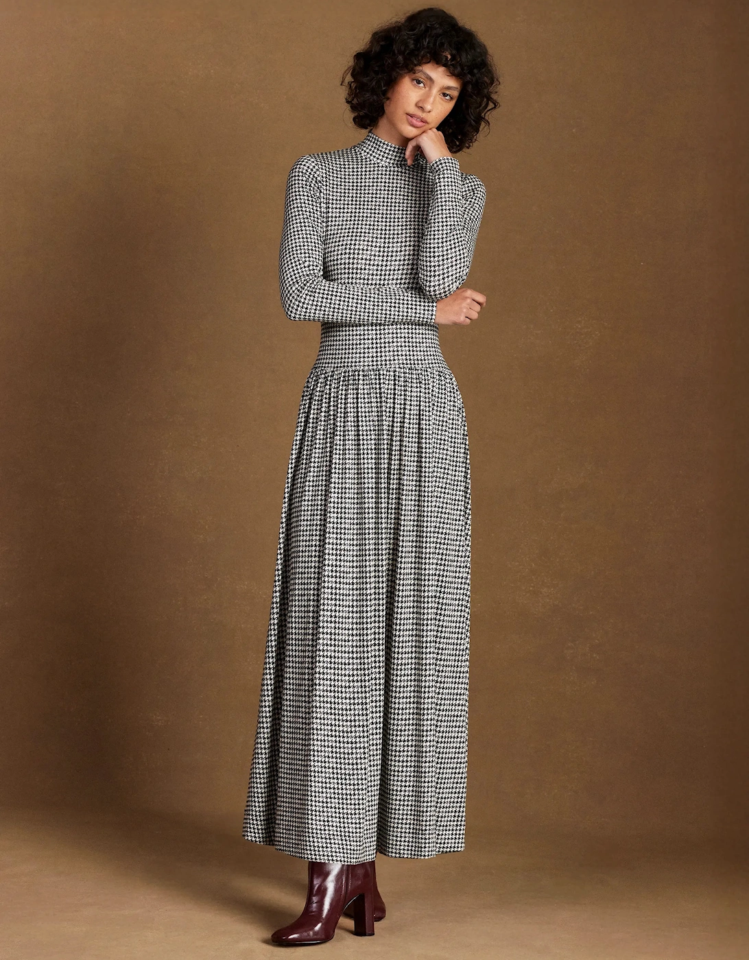Petite Houndstooth Dropped Waist Jersey Dress