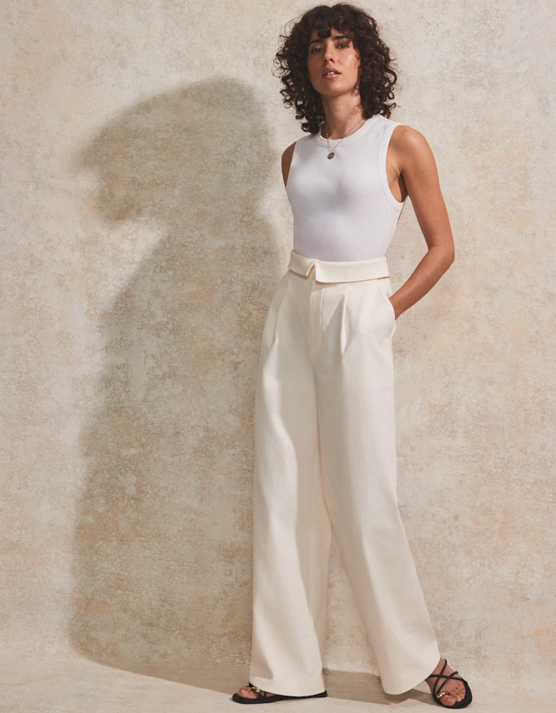Cream Folded-Waistband Trousers