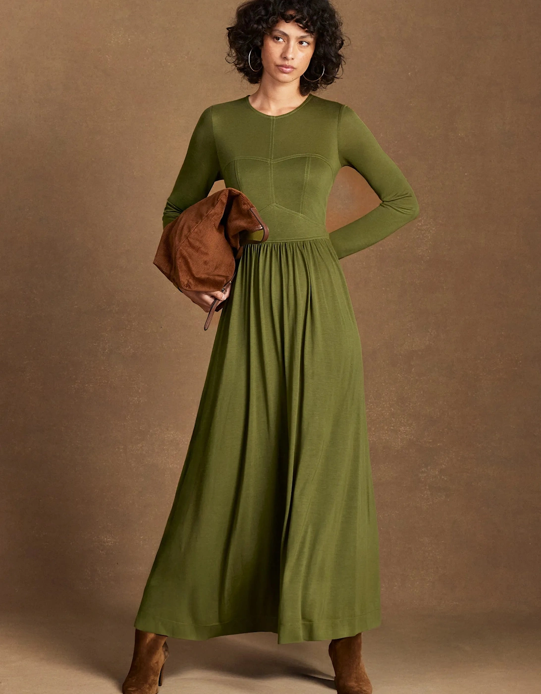 Petite Khaki Seamed Bodice Jersey Dress