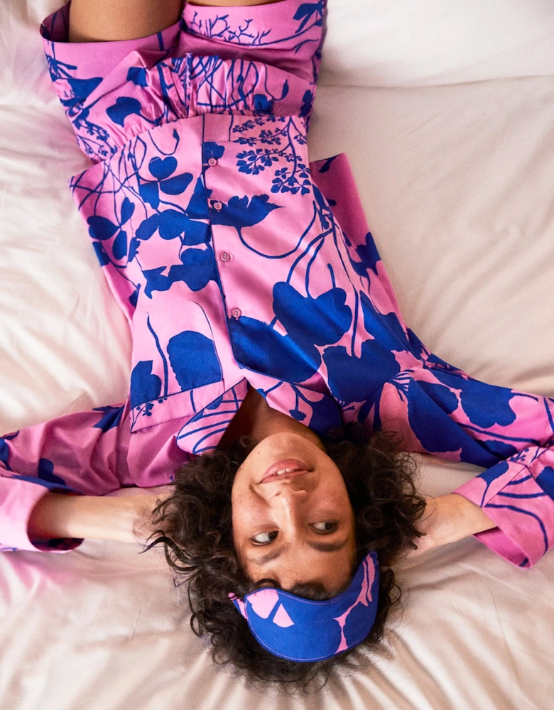 Pink Abstract Floral Print Cotton Short Pyjamas & Sleep Mask