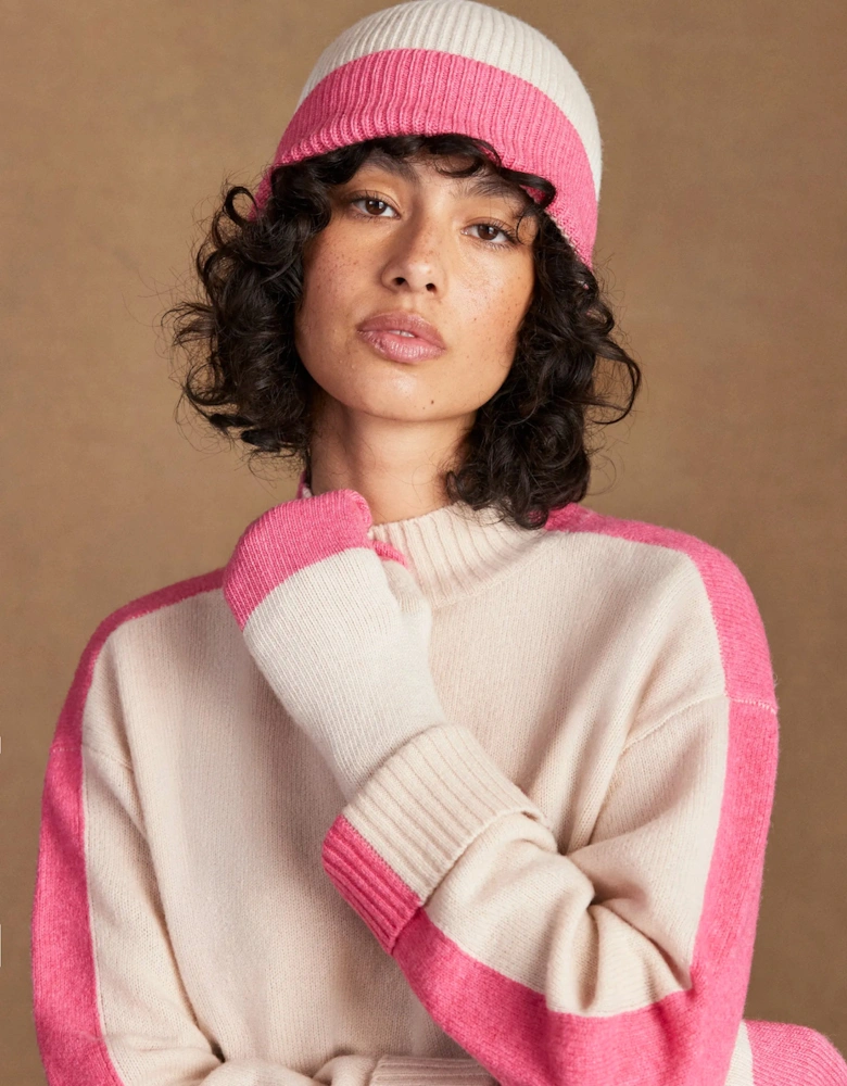 Pink Colour Block Beanie With Cashmere