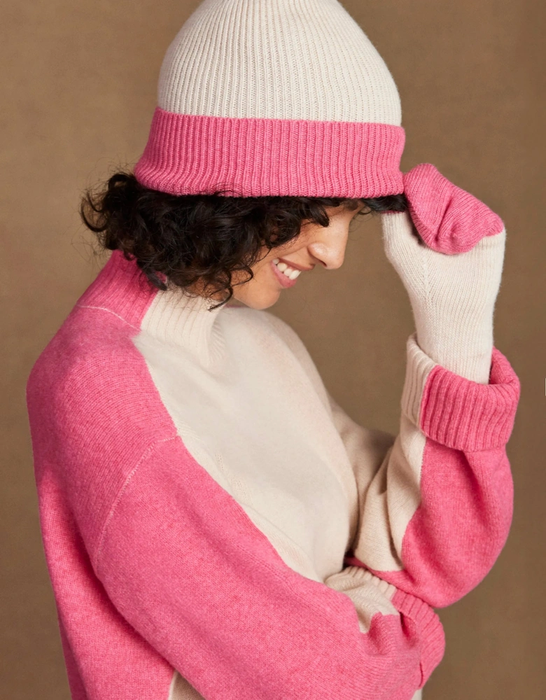 Pink Colour Block Beanie With Cashmere