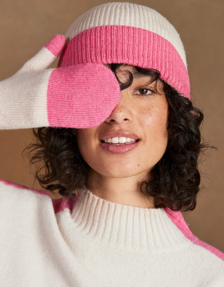 Pink Colour Block Mittens With Cashmere