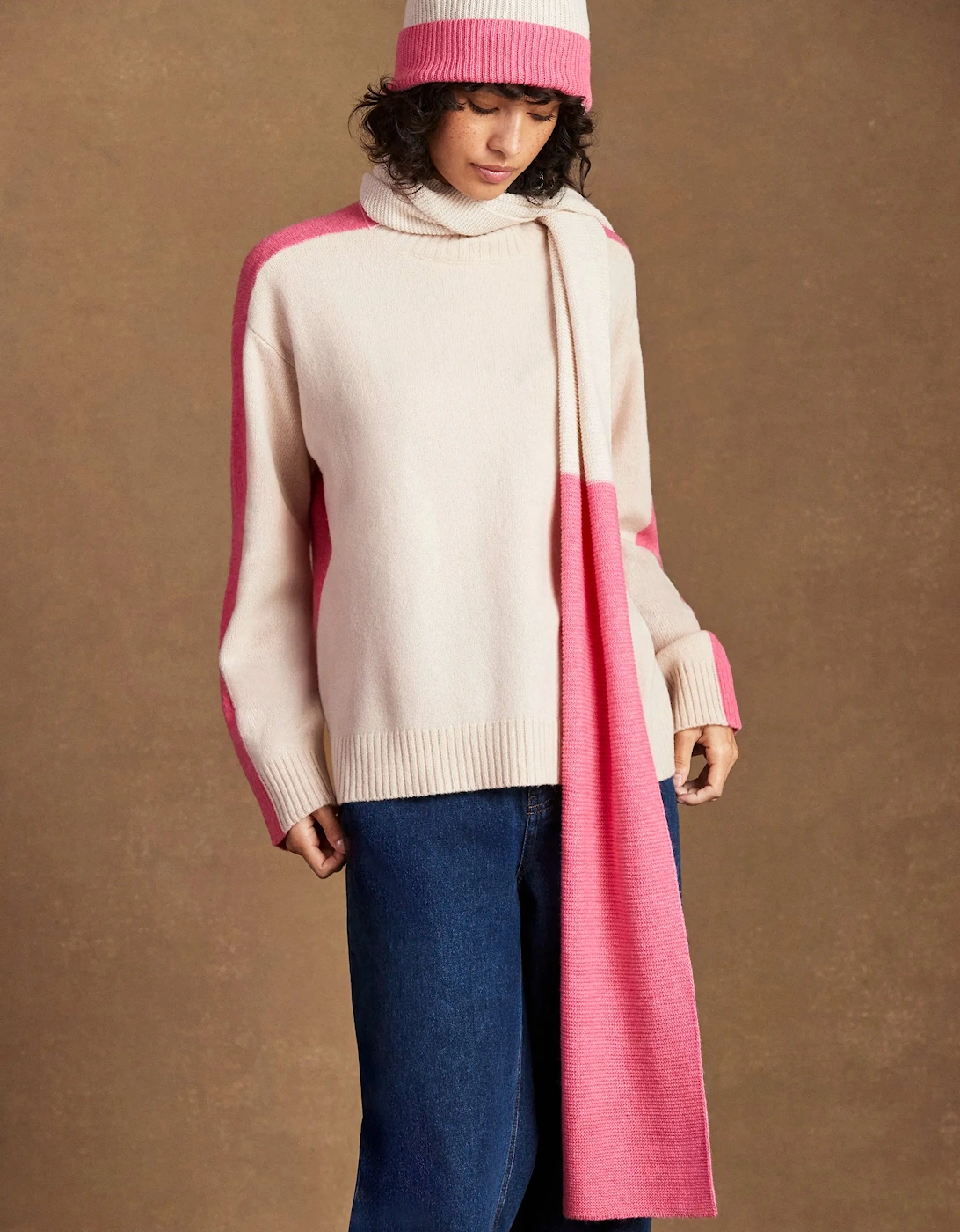 Pink Colour Block Scarf With Cashmere