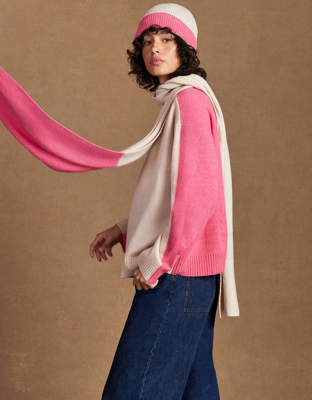 Pink Colour Block Scarf With Cashmere