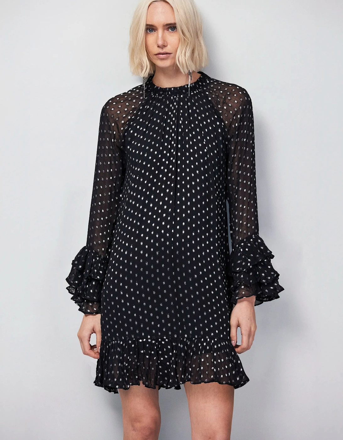 Beatrix Silver Foil Frill-Sleeve Mini Dress