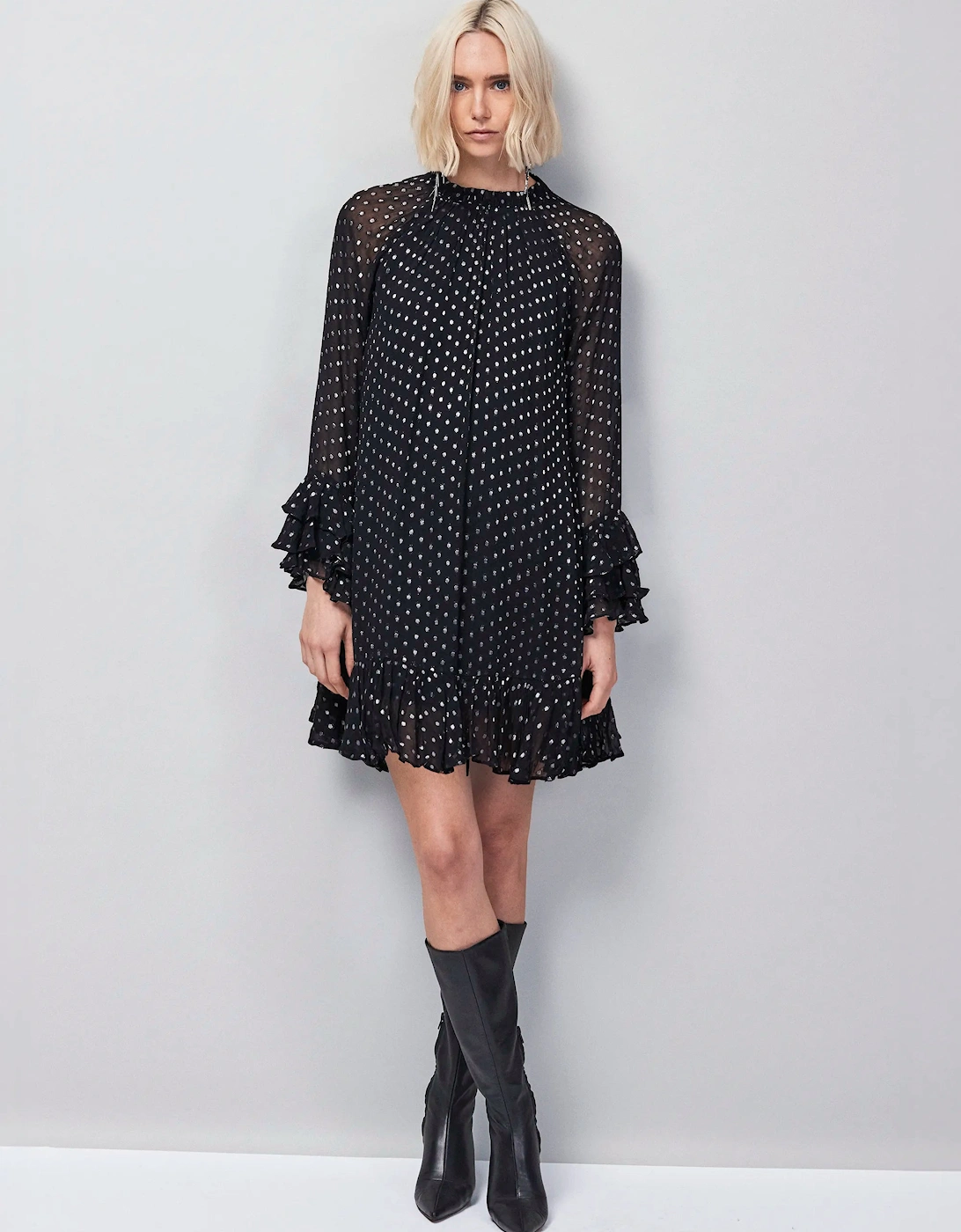 Beatrix Silver Foil Frill-Sleeve Mini Dress