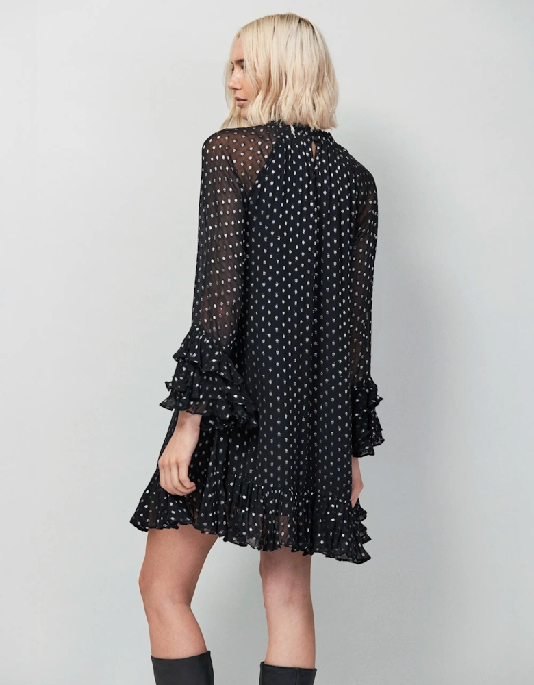 Beatrix Silver Foil Frill-Sleeve Mini Dress