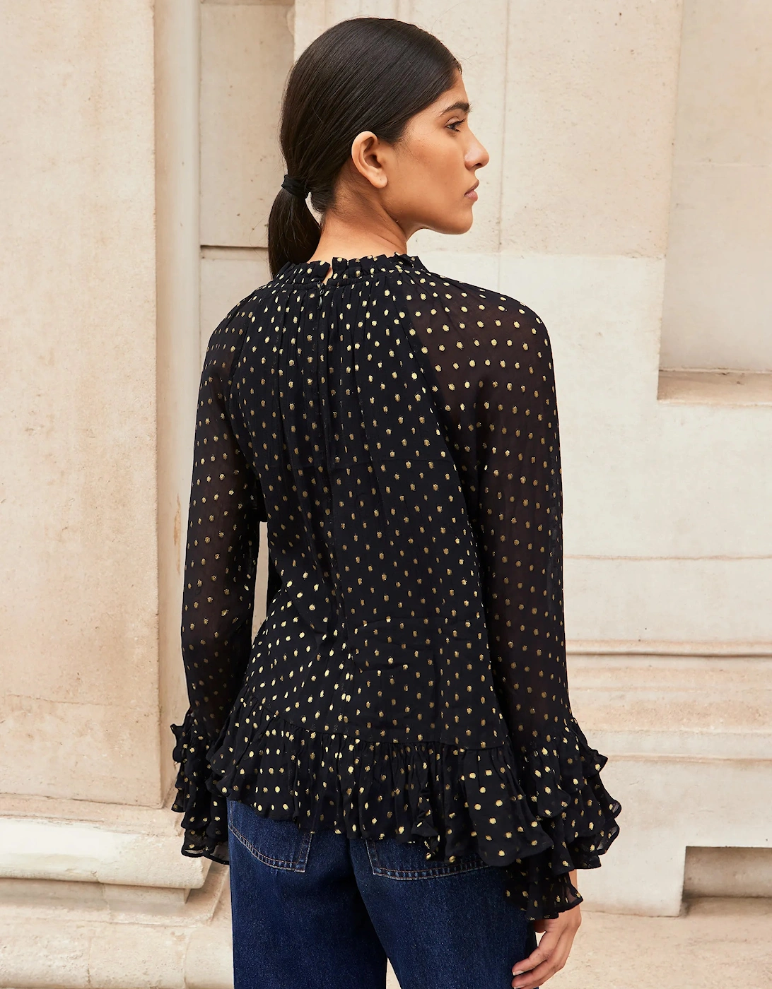 Gold Foil Frill Sleeve Blouse
