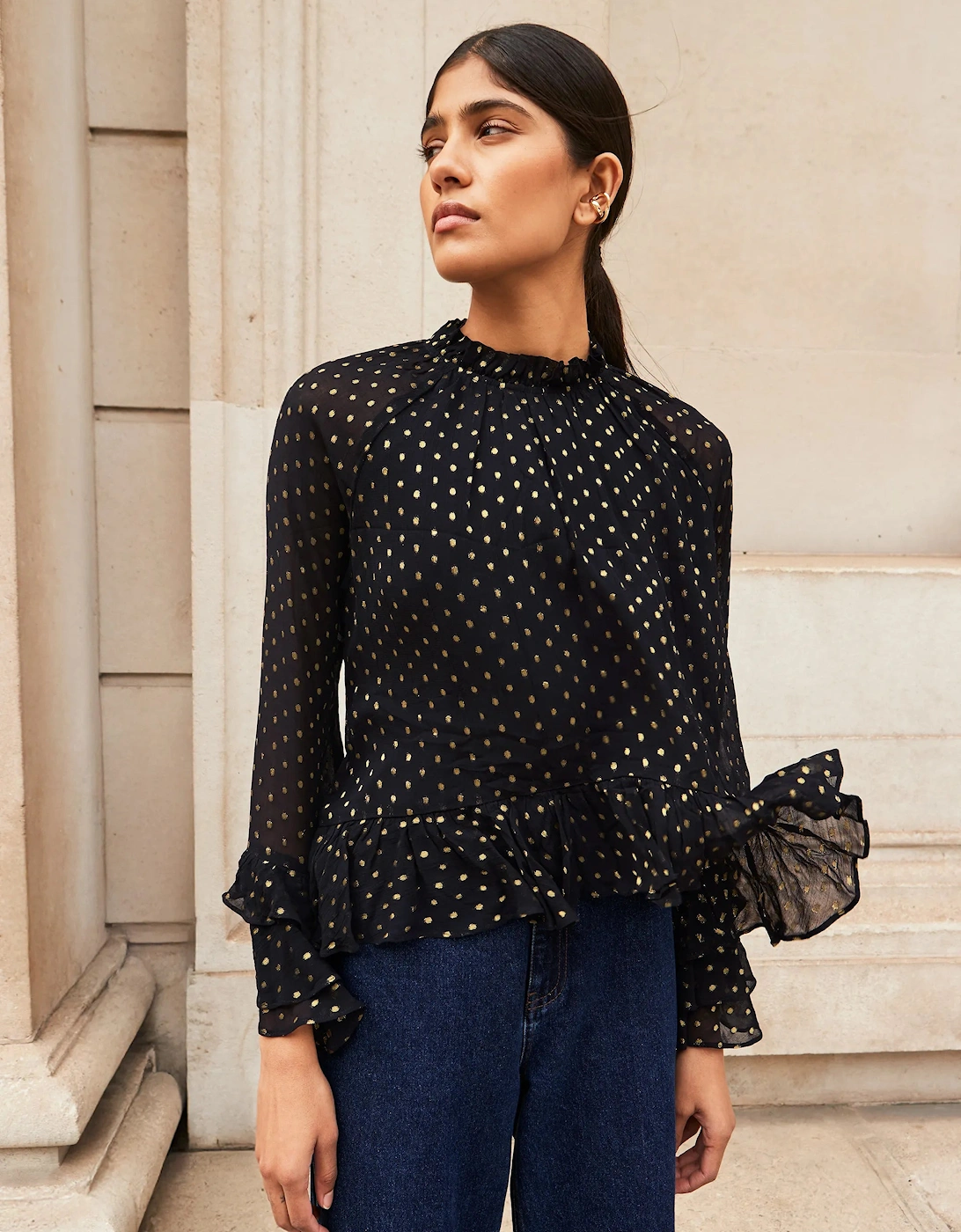 Gold Foil Frill Sleeve Blouse