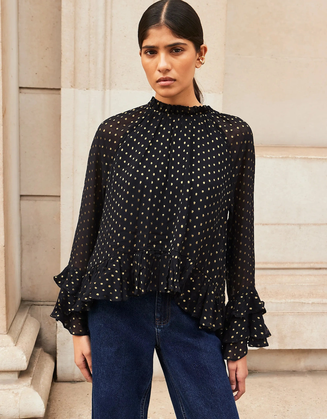 Gold Foil Frill Sleeve Blouse