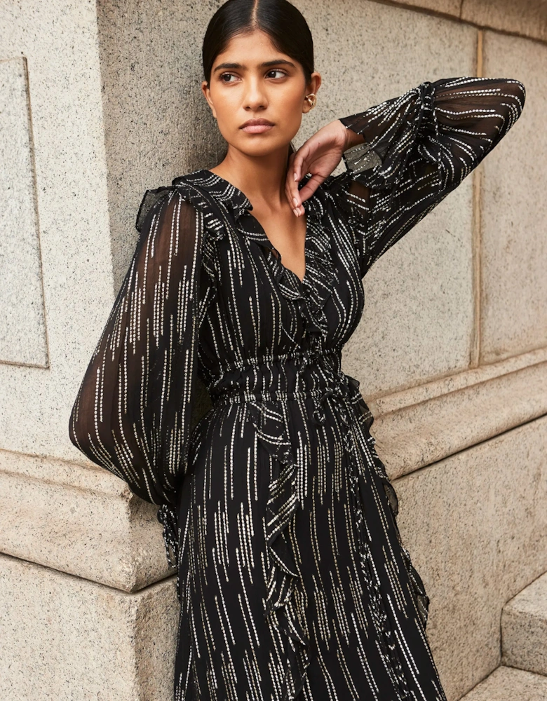 Petite Lydia Gold Foil Tie-Waist Midaxi Dress