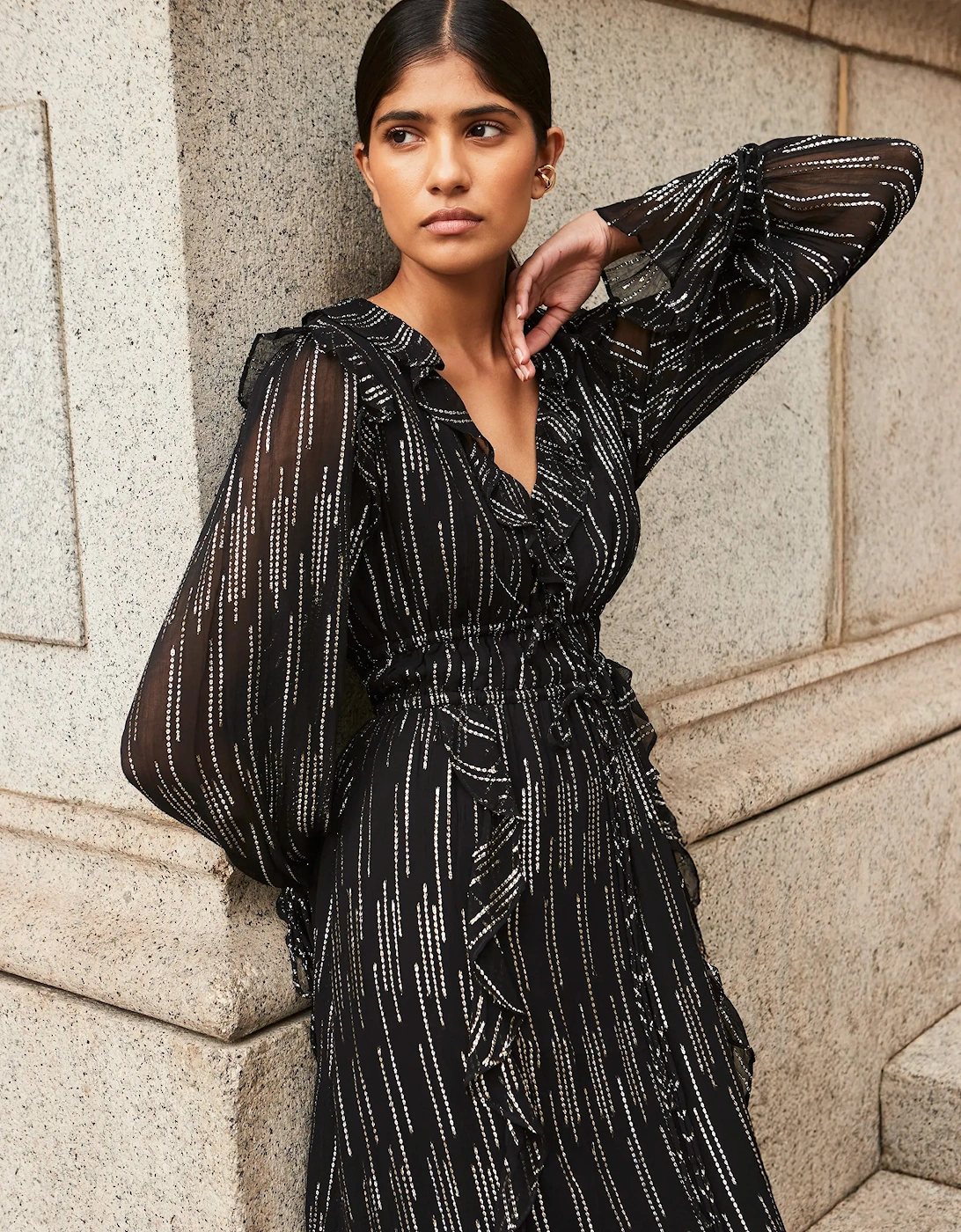 Petite Lydia Gold Foil Tie-Waist Midaxi Dress