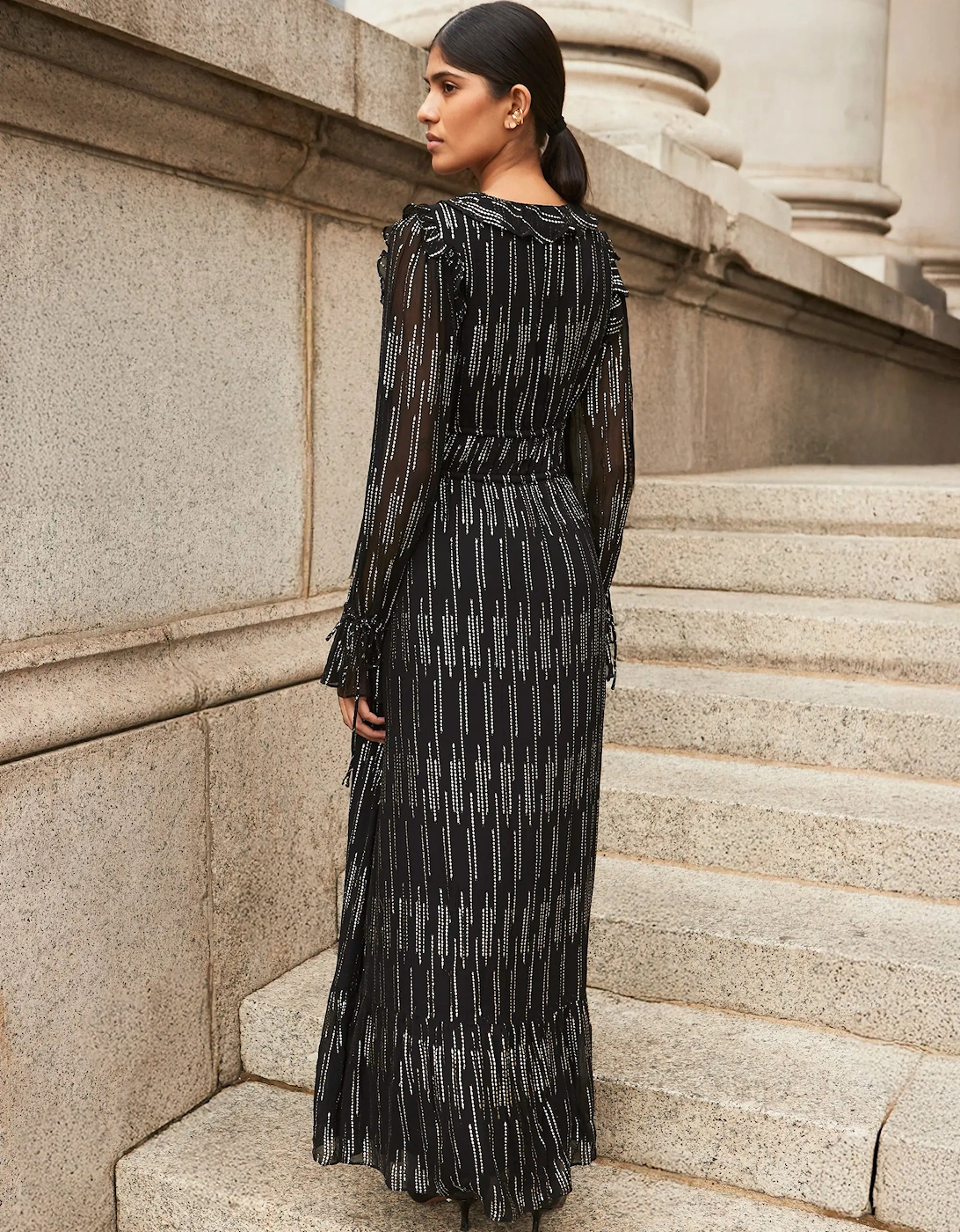 Petite Lydia Gold Foil Tie-Waist Midaxi Dress