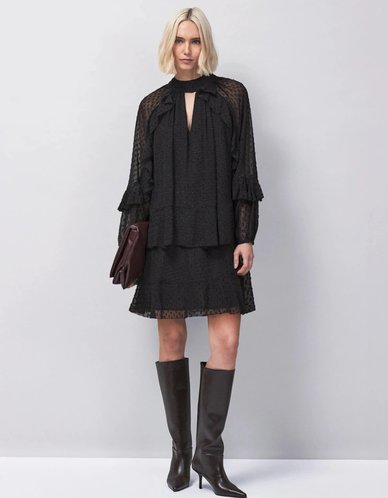Black Dobby Ruffle Short Dress