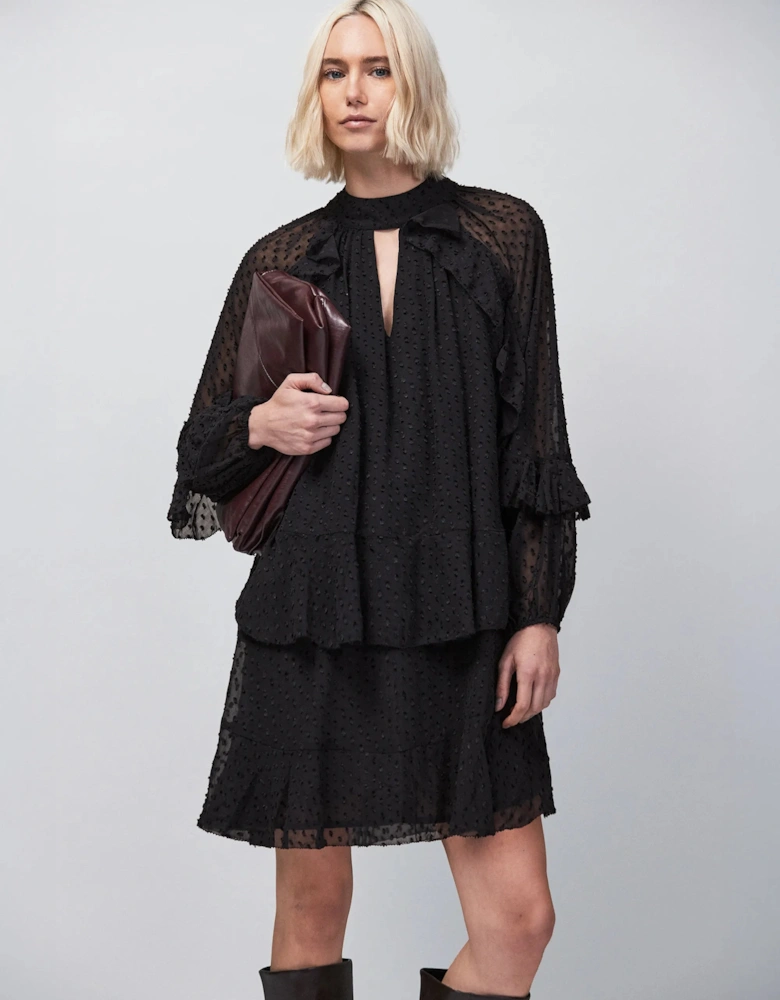 Black Dobby Ruffle Short Dress