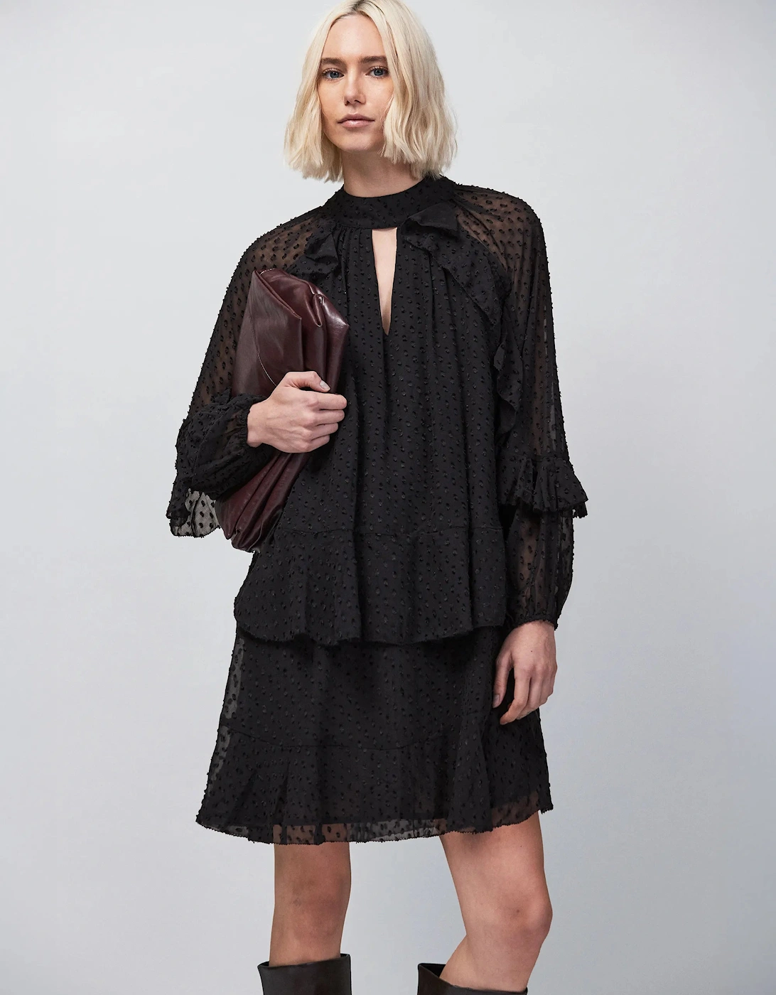 Black Dobby Ruffle Short Dress