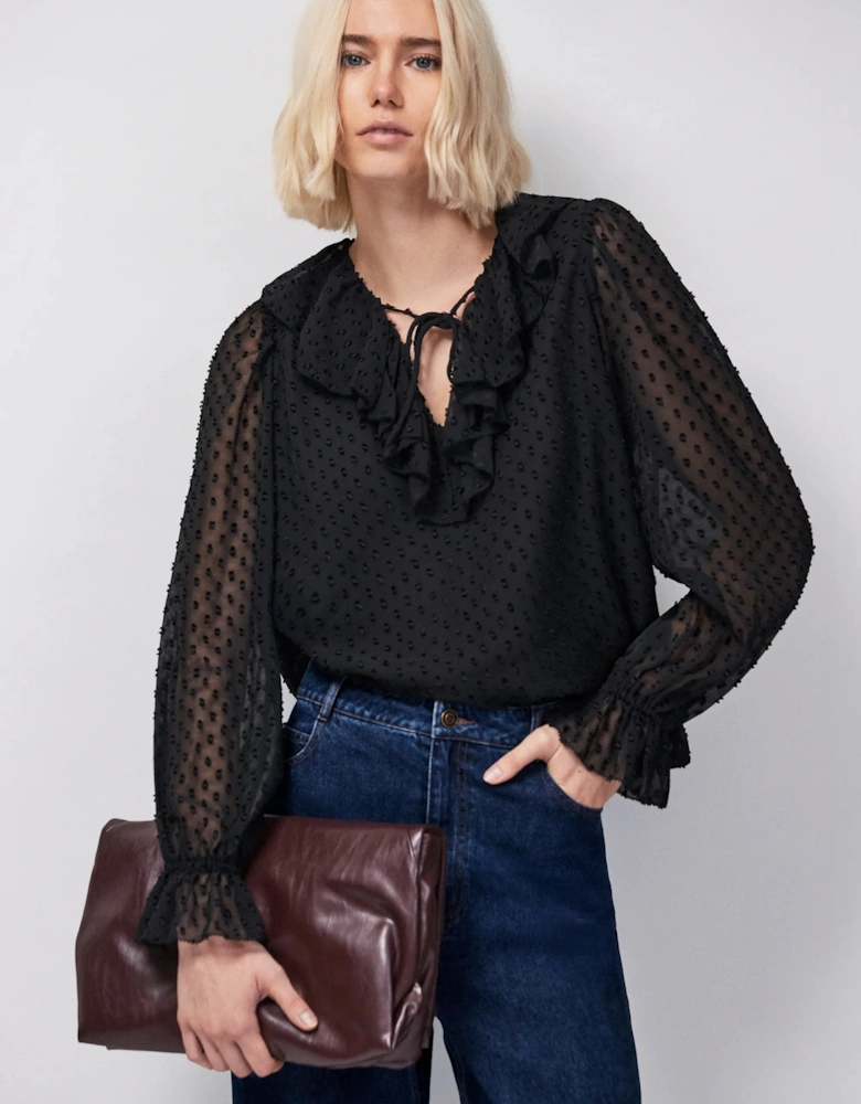 Black Dobby Ruffle Front Blouse