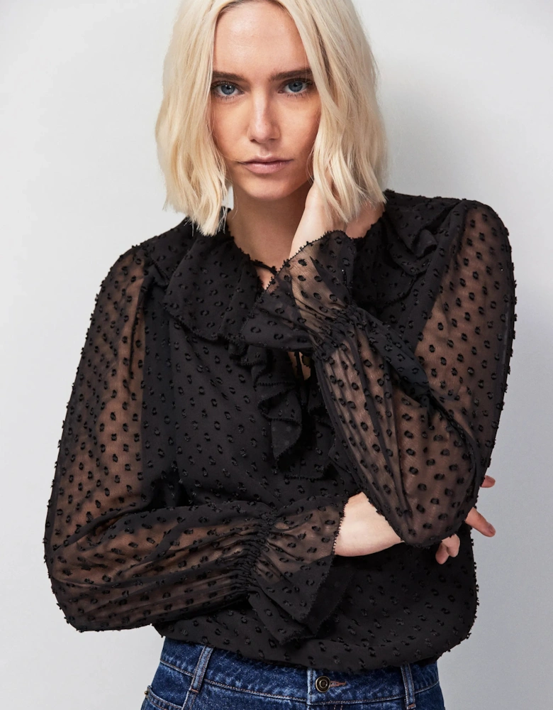 Black Dobby Ruffle Front Blouse