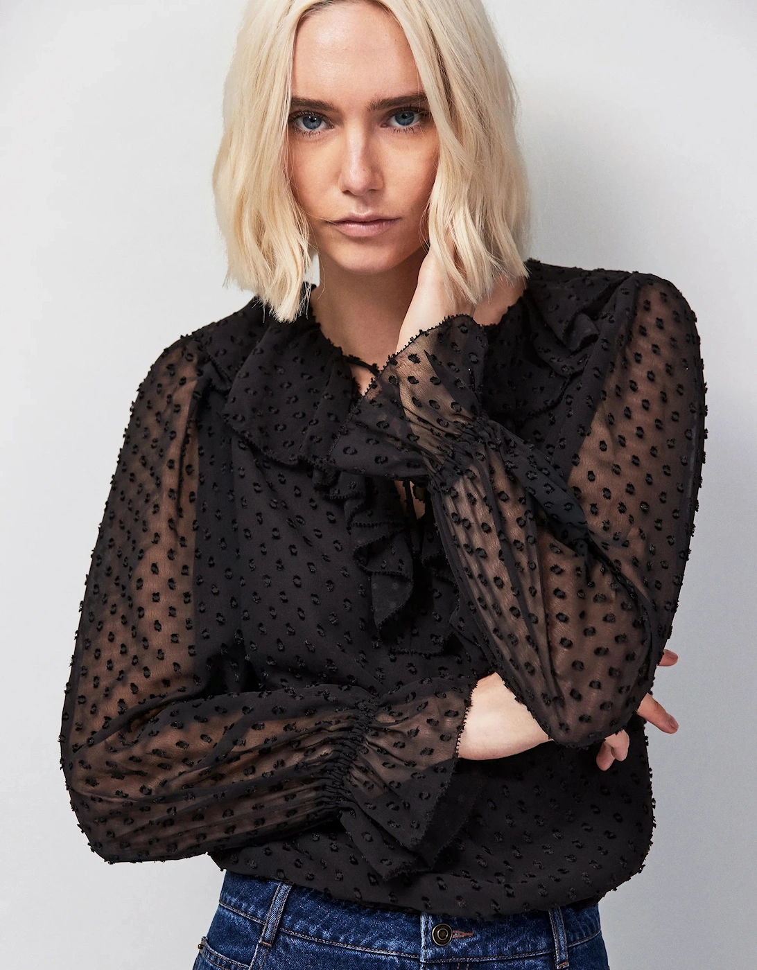 Black Dobby Ruffle Front Blouse