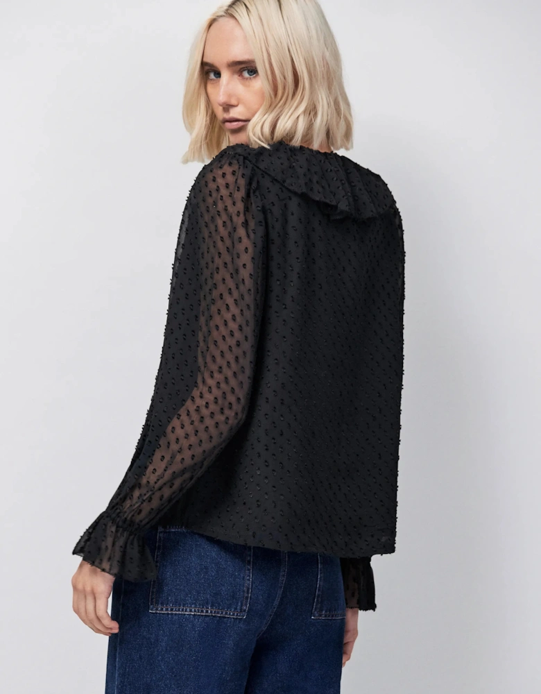 Black Dobby Ruffle Front Blouse