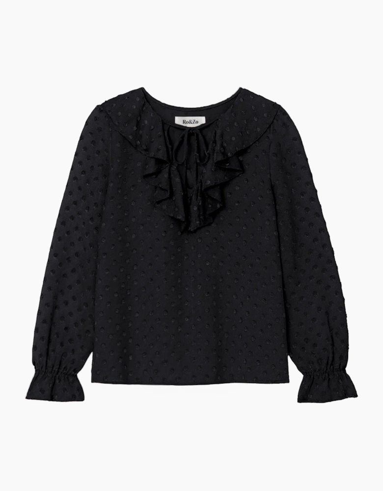 Black Dobby Ruffle Front Blouse