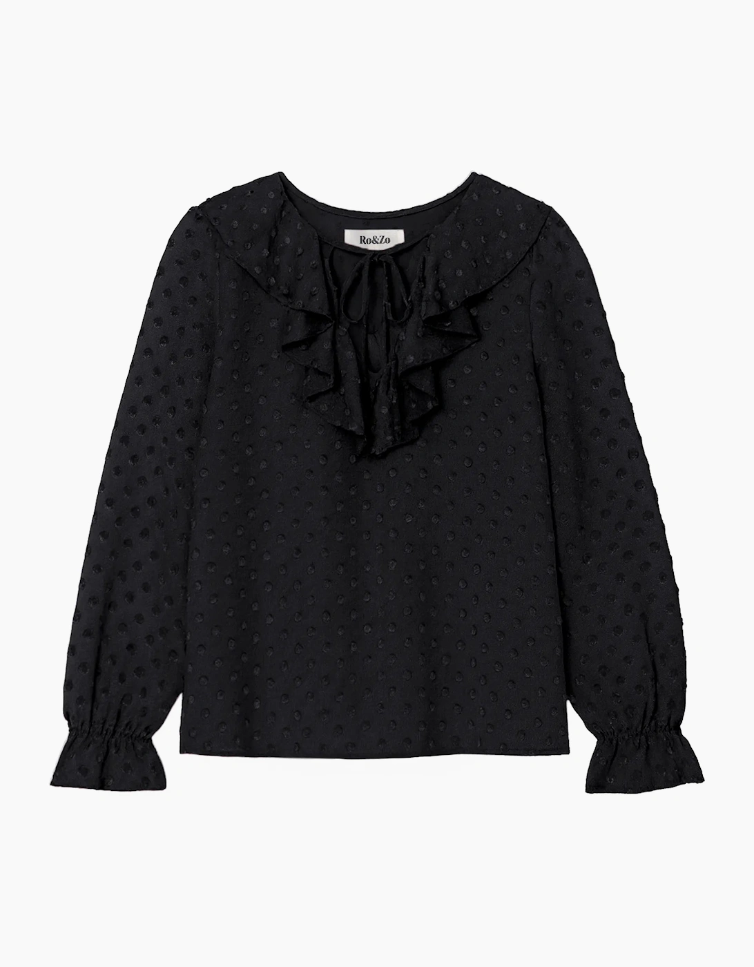Black Dobby Ruffle Front Blouse