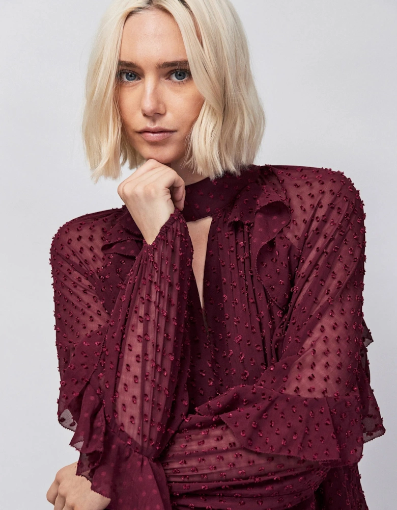 Burgundy Dobby Ruffle Short Dress