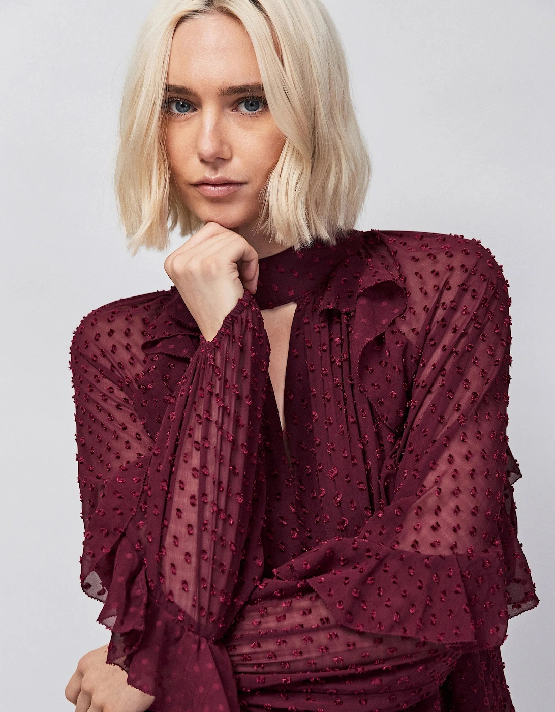 Burgundy Dobby Ruffle Short Dress