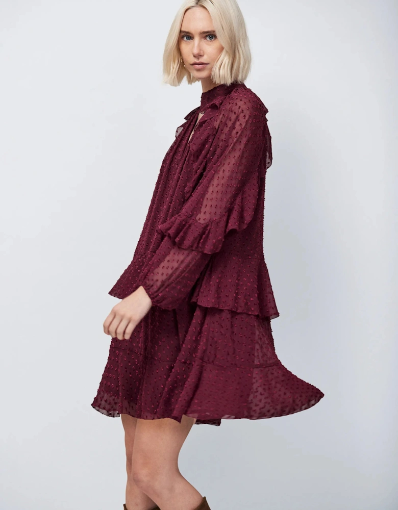 Burgundy Dobby Ruffle Short Dress