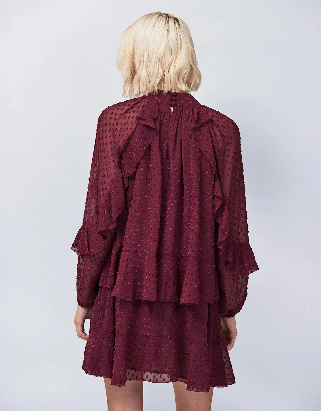 Burgundy Dobby Ruffle Short Dress