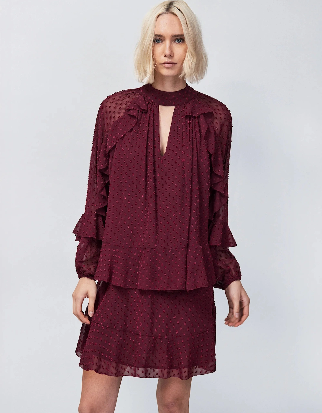 Burgundy Dobby Ruffle Short Dress
