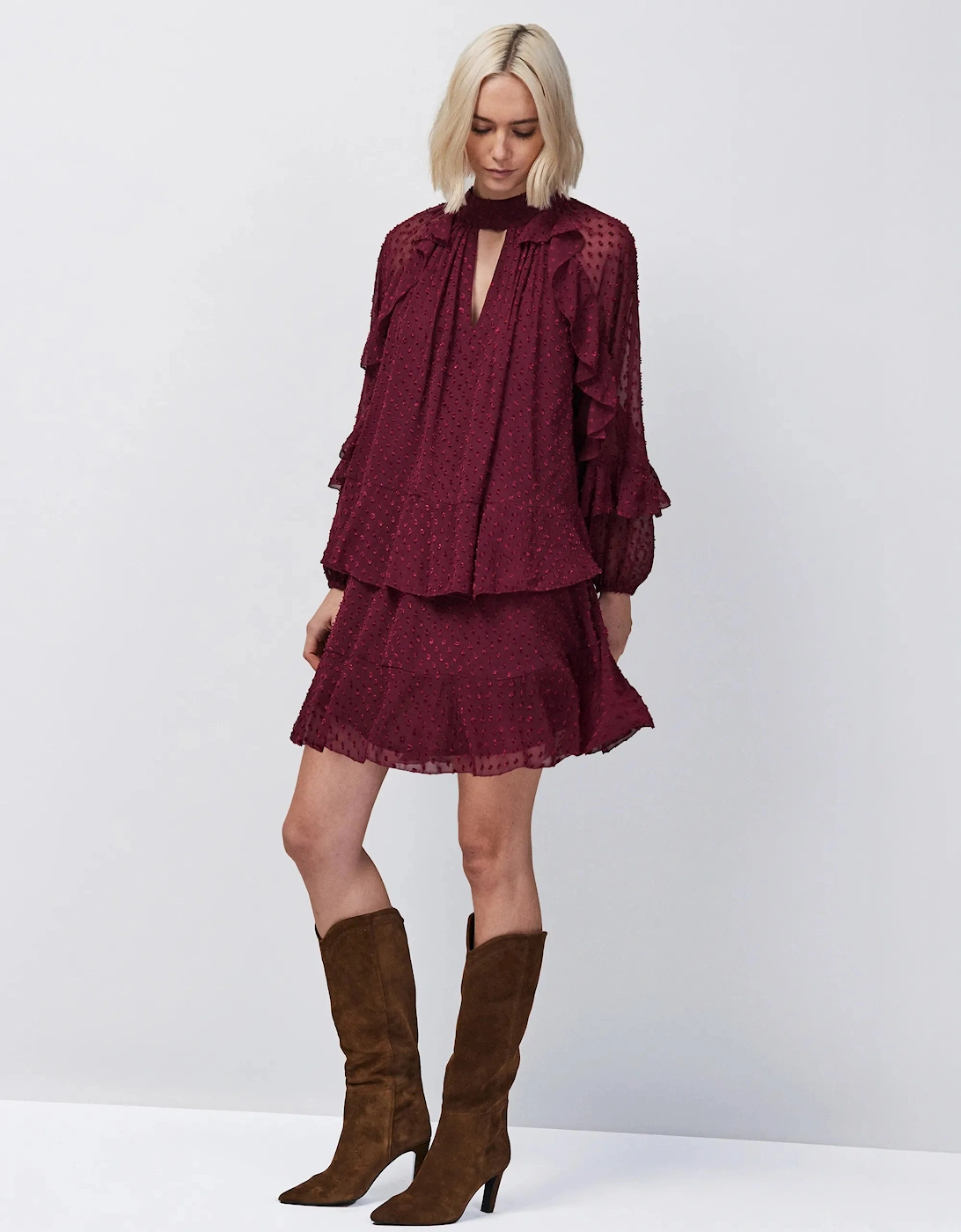 Burgundy Dobby Ruffle Short Dress