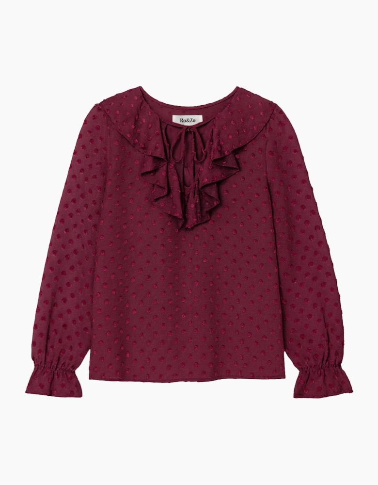 Burgundy Dobby Ruffle Front Blouse