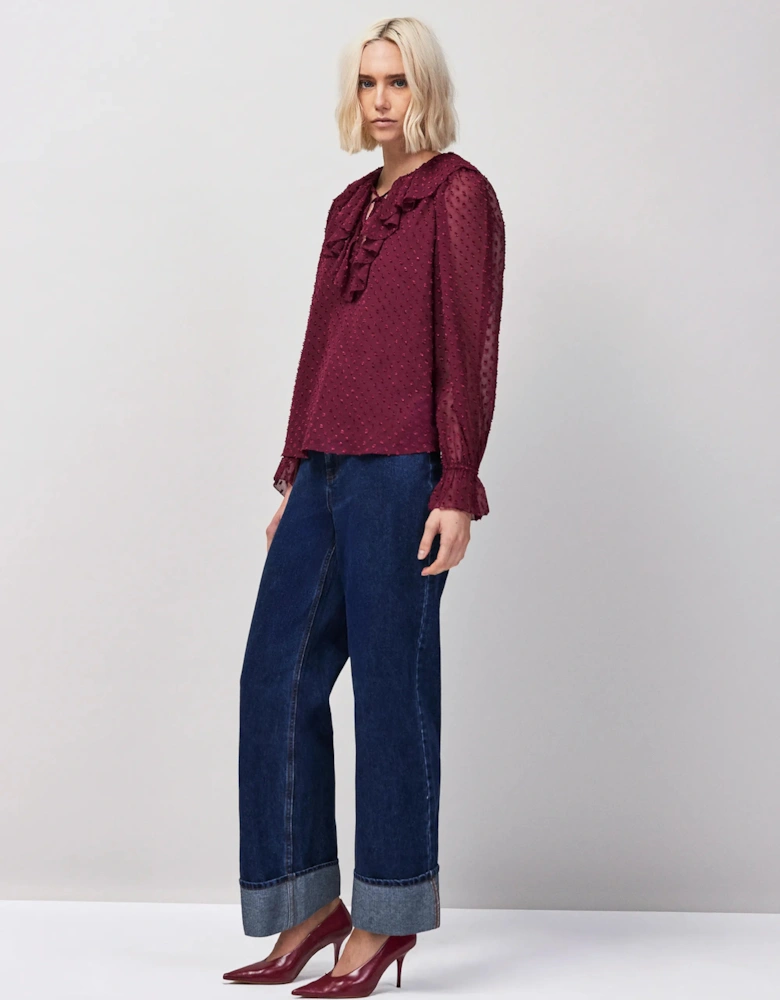 Burgundy Dobby Ruffle Front Blouse