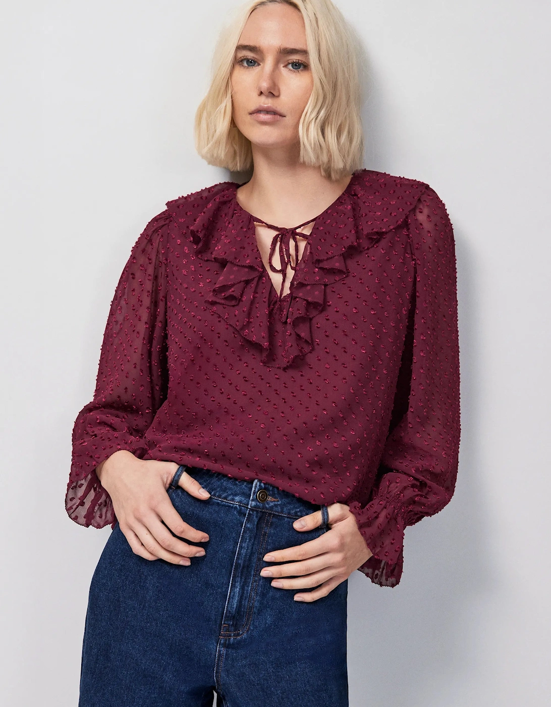 Burgundy Dobby Ruffle Front Blouse