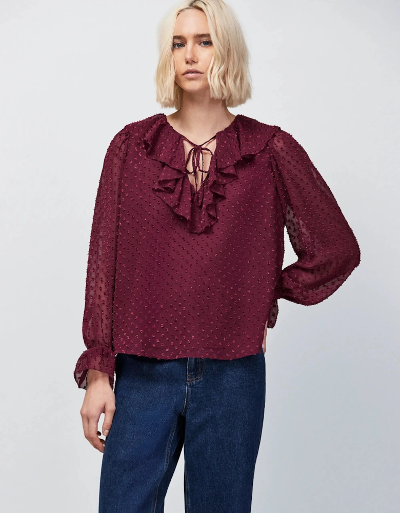 Burgundy Dobby Ruffle Front Blouse