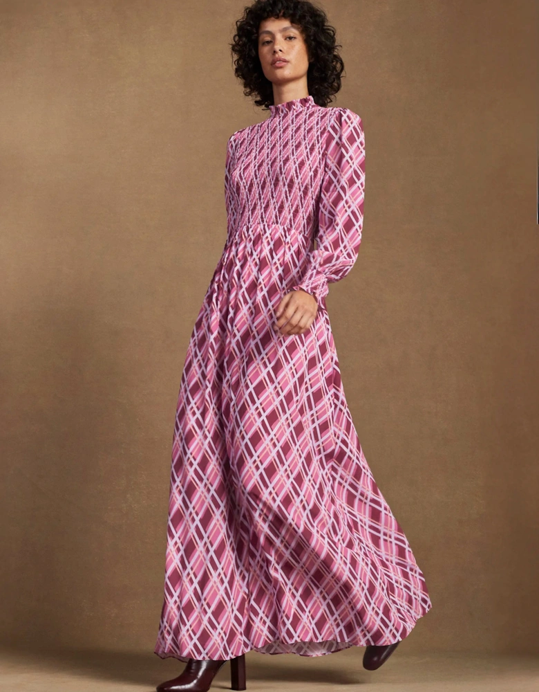 Petite Pink Check Shirred Dress