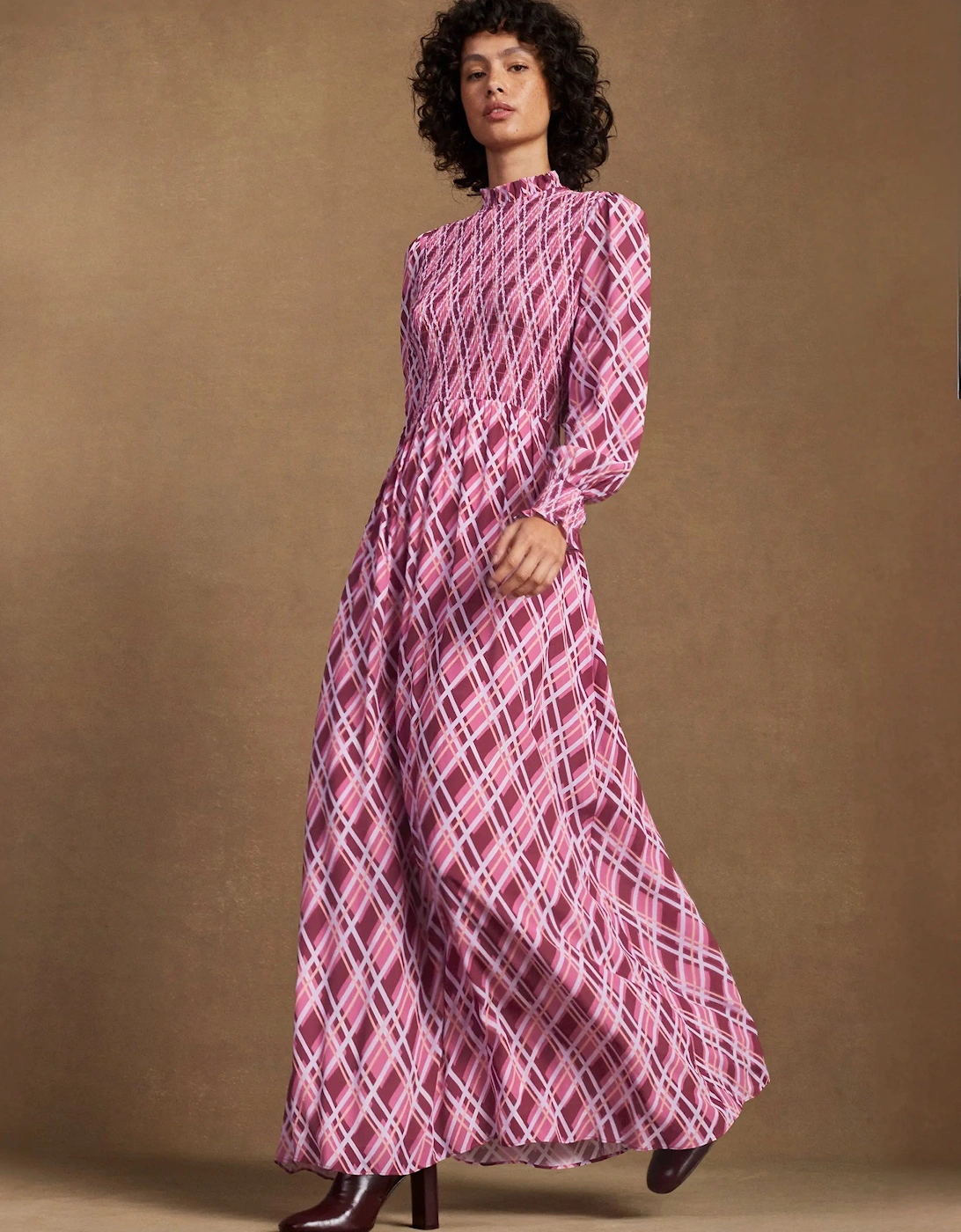 Petite Pink Check Shirred Dress