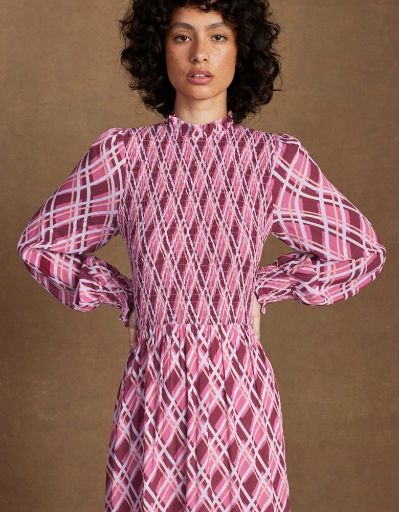 Petite Pink Check Shirred Dress