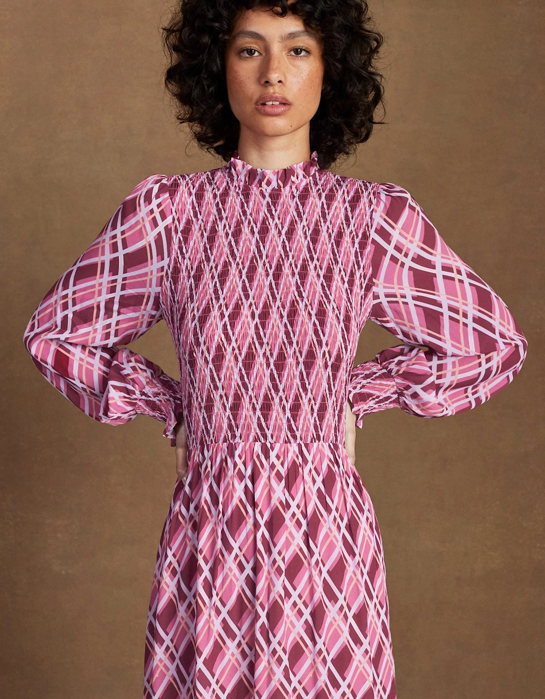 Petite Pink Check Shirred Dress