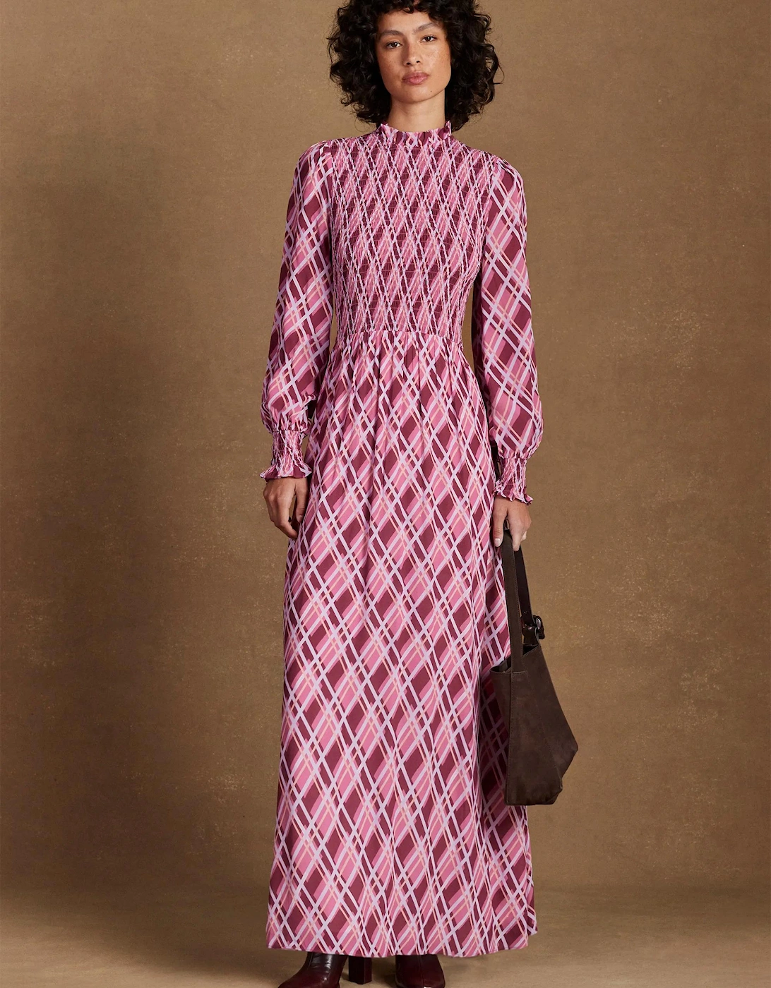 Petite Pink Check Shirred Dress