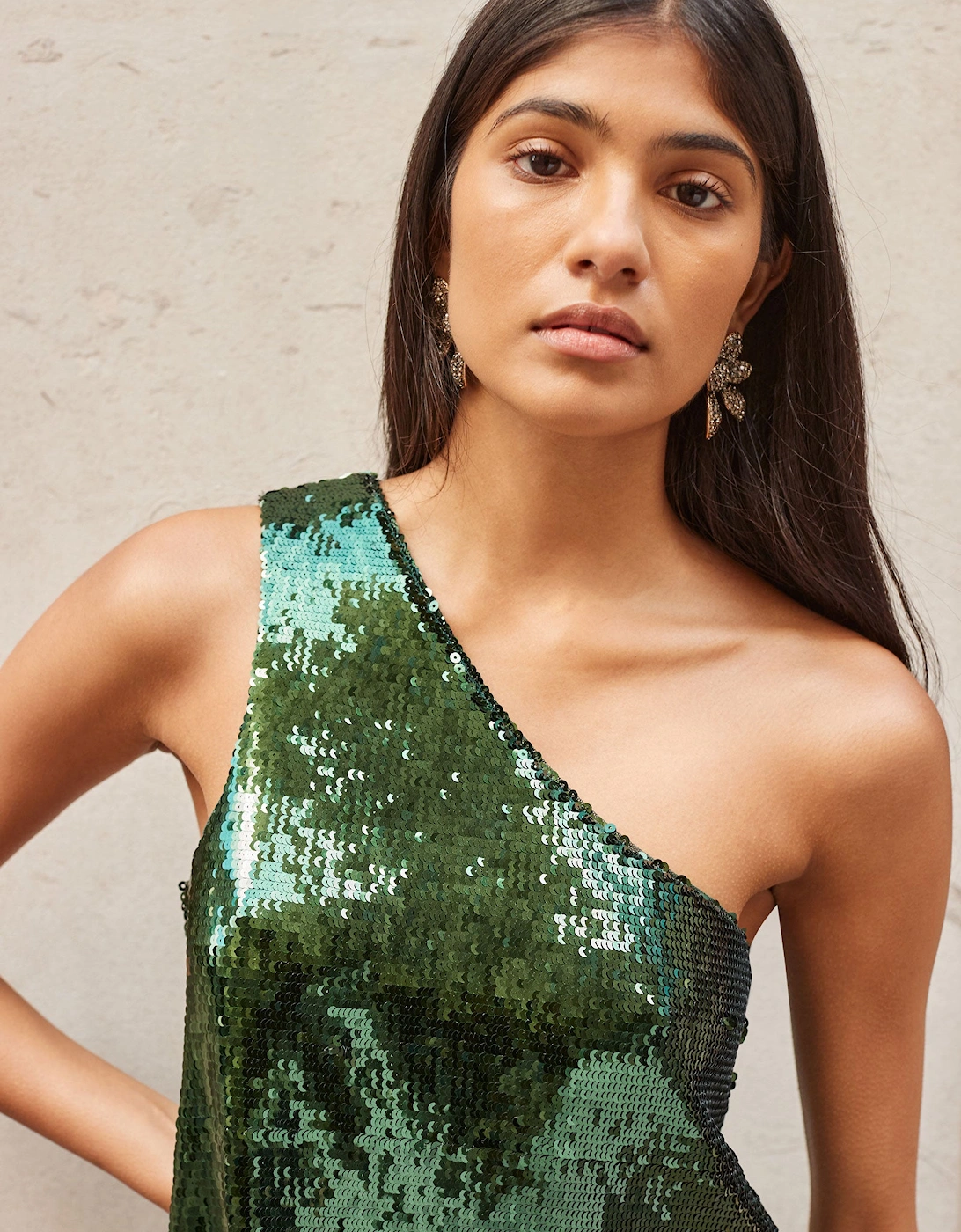 Green One-Shoulder Sequinned Top