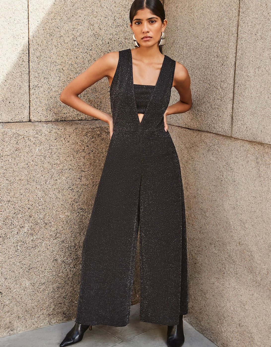 Petite Indy Black Sparkle Ponte Jumpsuit