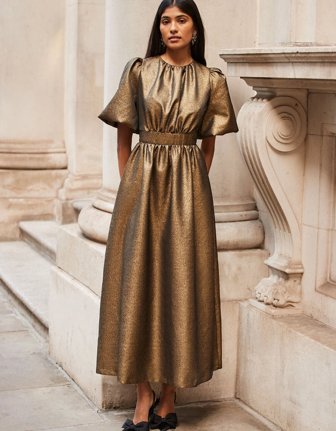 Seraphina Gold Puff Sleeve Dress