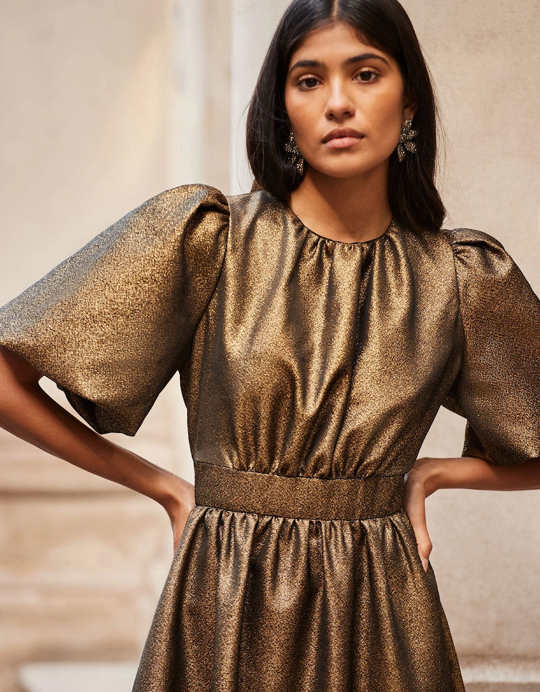 Seraphina Gold Puff Sleeve Dress