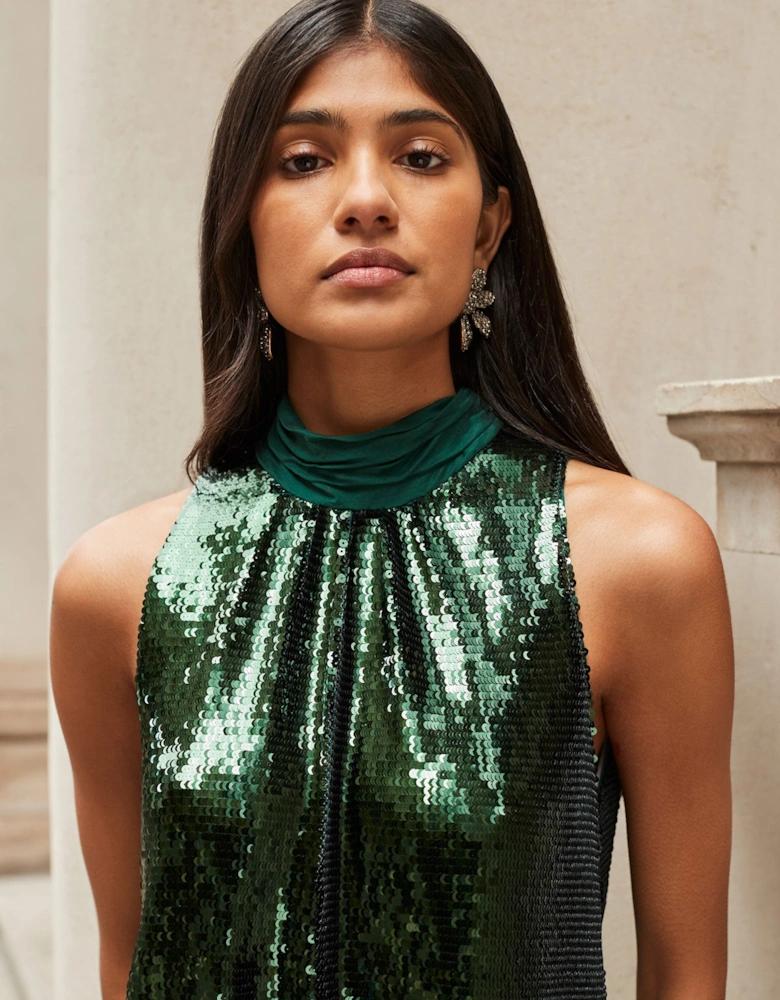 Petite Freya Emerald Green Sequinned Halterneck Dress